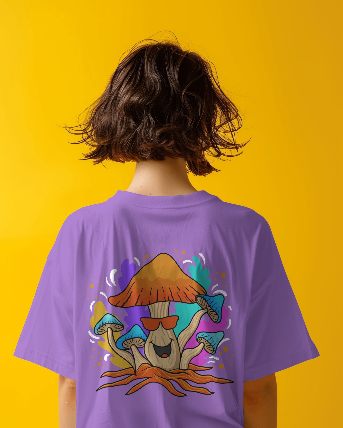 Oversized Women T-Shirts Mushroom Concept Back with Sunglass