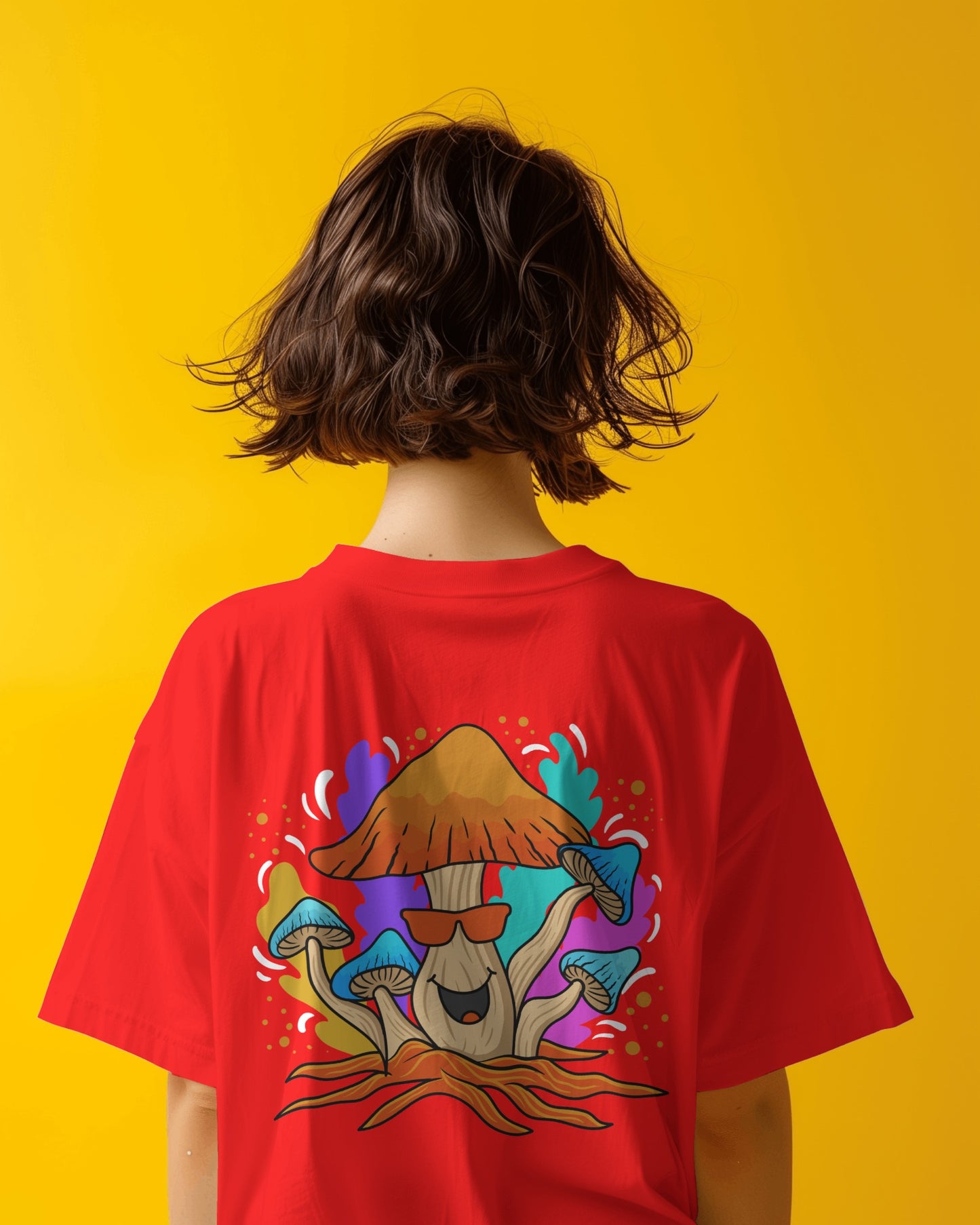 Oversized Women T-Shirts Mushroom Concept Back with Sunglass